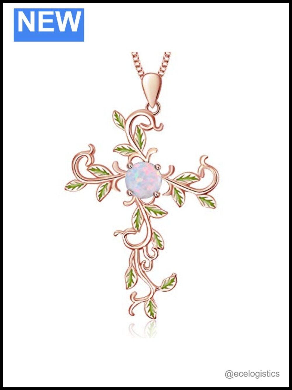 Simulated Opal Cross Leaf Pendant Necklace 925 sterling silver plated